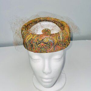 Vintage 60s Pillbox Hat Orange Paisley Net Church Wedding Costume Theatre